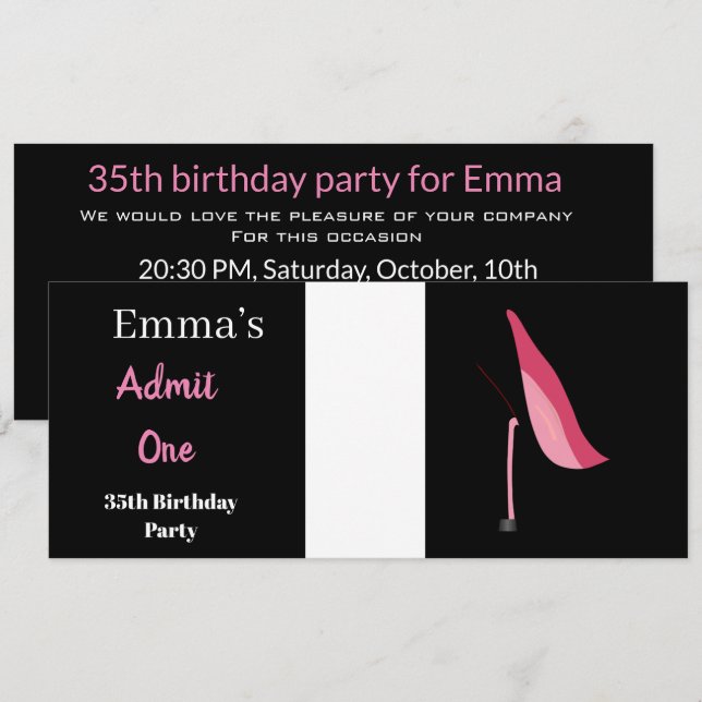 Invitation Billet d'entrée Femmes Elégant anniversaire noir (Devant / Derrière)