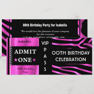 Invitation Billet d'entrée fête d'anniversaire Zebra Pink Bla