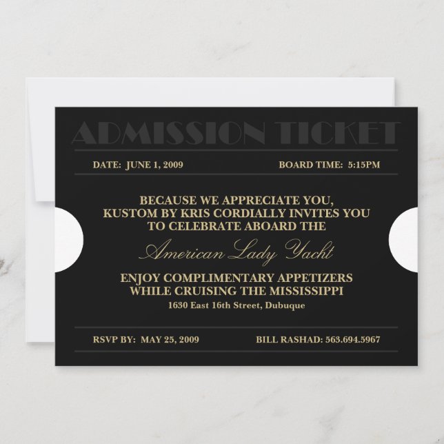 Invitation Billet d'entrée Gold 5x7 (Devant)