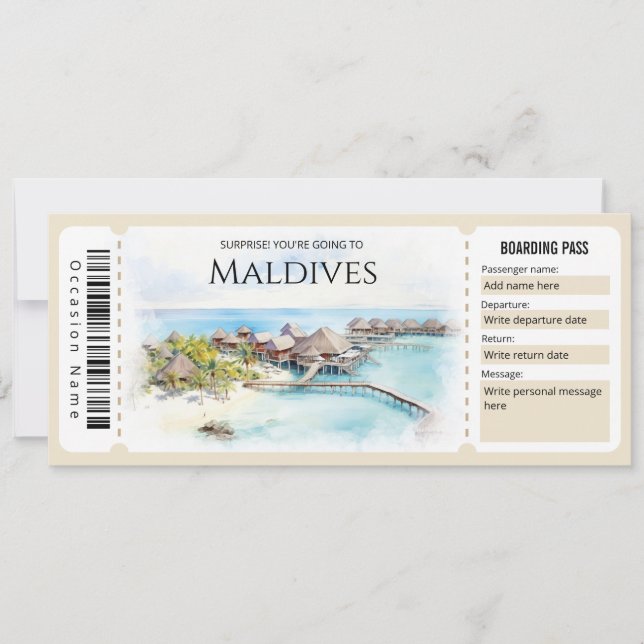Invitation Billet d'entrée modifiable Maldives Plane Boarding (Devant)
