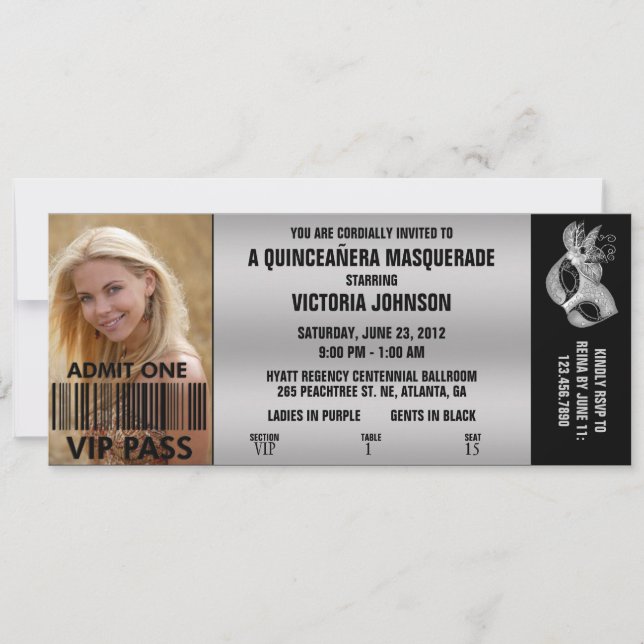 Invitation Billet d'entrée VIP Masquerade Quinceañera (Devant)