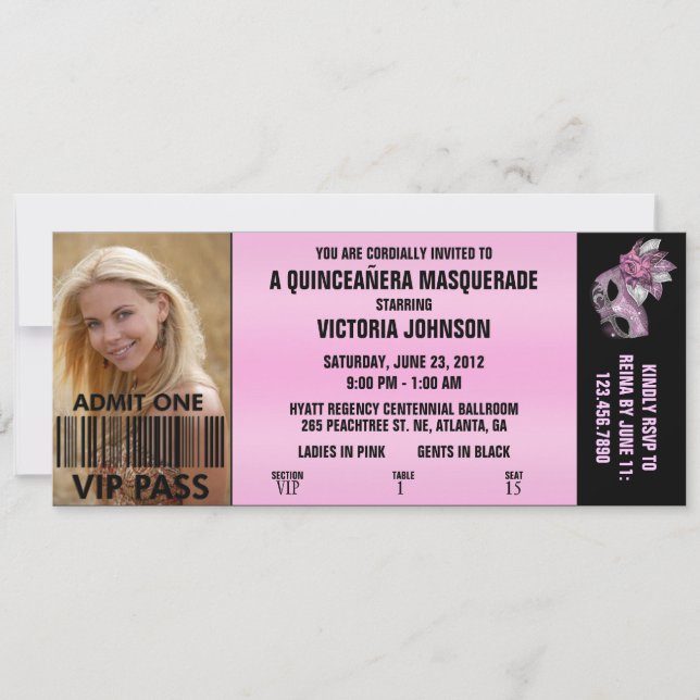 Invitation Billet d'entrée VIP Masquerade Quinceañera (Devant)