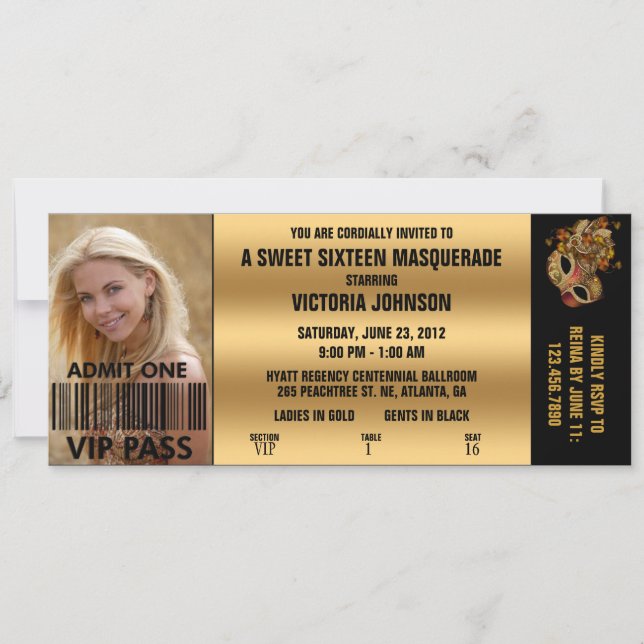 Invitation Billet d'entrée VIP Masquerade Sweet sixteen (Devant)