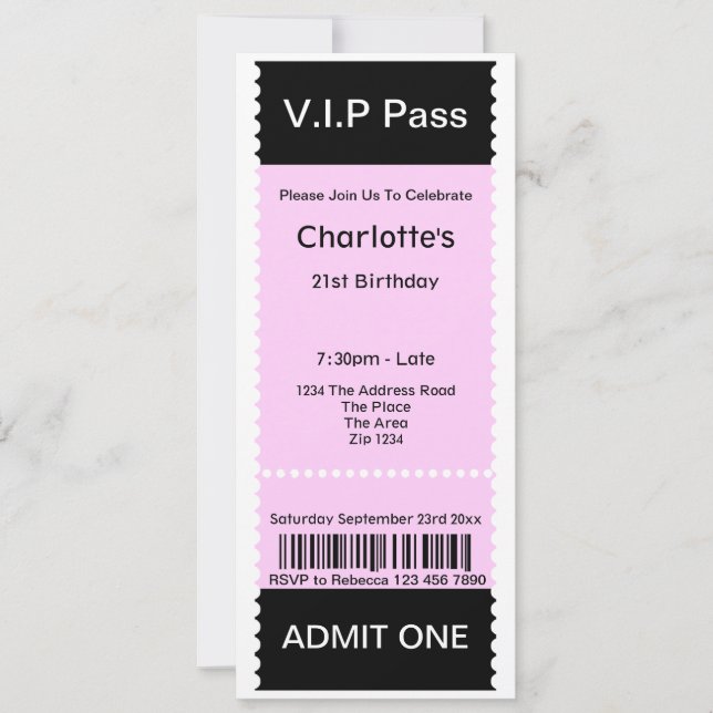 Invitation Billet d'entrée VIP Pass Party (Devant)