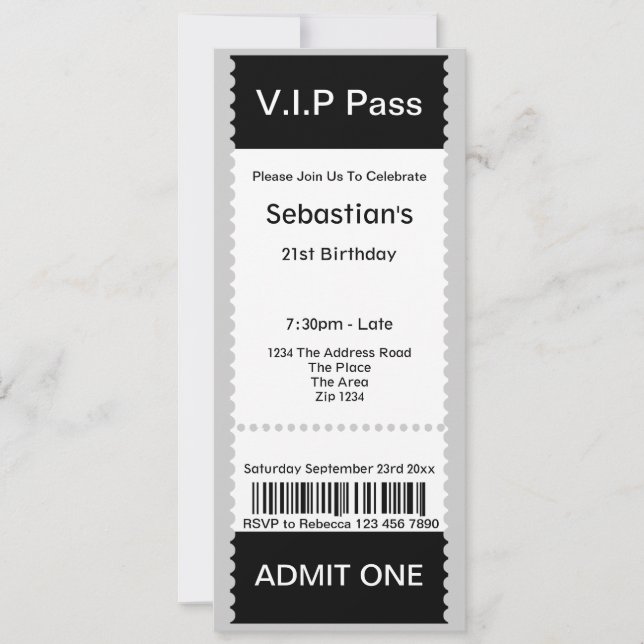 Invitation Billet d'entrée VIP Pass Party (Devant)