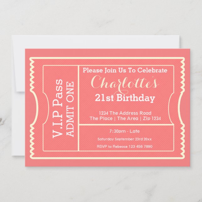 Invitation Billet d'entrée VIP Pass Party Pink (Devant)