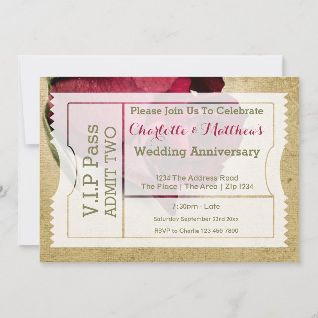 Invitation Billet d'entrée VIP Pass Party Red Rose (Devant)