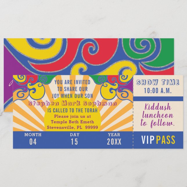 Invitation Billet d'hippie à barre BM ou Bat mitzvah (Devant / Derrière)