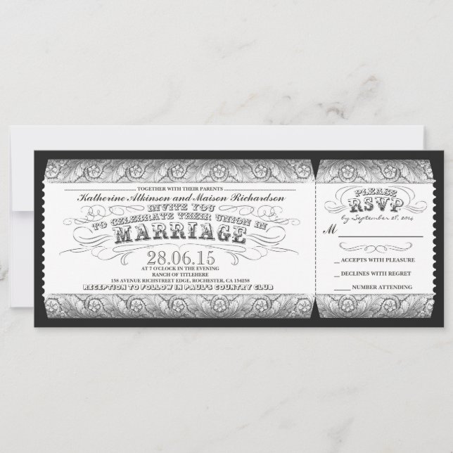 Invitation billet d'invitation pour mariage blanc gris noir (Devant)