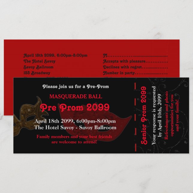 Invitation Billet d'invitation pré-prom Masquerade Style,chic (Devant / Derrière)