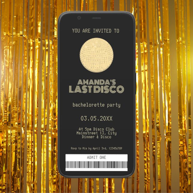 Invitation Billet d'or Disco Bachelorette Party dernière (last disco bachelorette party invitation golden disco ticket)