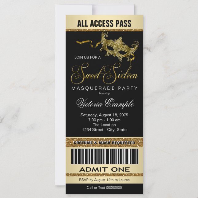 Invitation Billet d'or noir style Sweet 16 Masquerade Party (Devant)