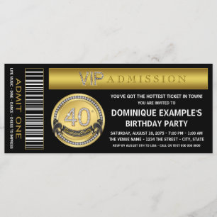 Invitation Billet d'or pour la fête d'anniversaire de 40 ans