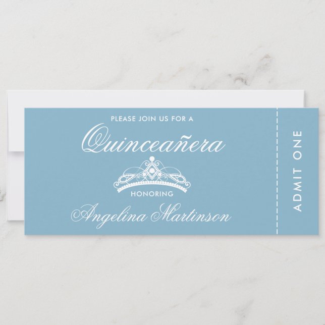 Invitation Billet élégant Quinceanera bleu et blanc (Devant)