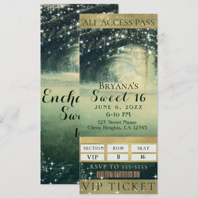 Invitation Billet Enchanted Forest Green Blue Lights Sweet 16 (Devant / Derrière)