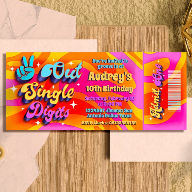 Invitation Billet Im 10 à chiffres simples Peace Out (Peace Out Single Digits - Groovy Retro 10th Birthday Ticket Invitation )