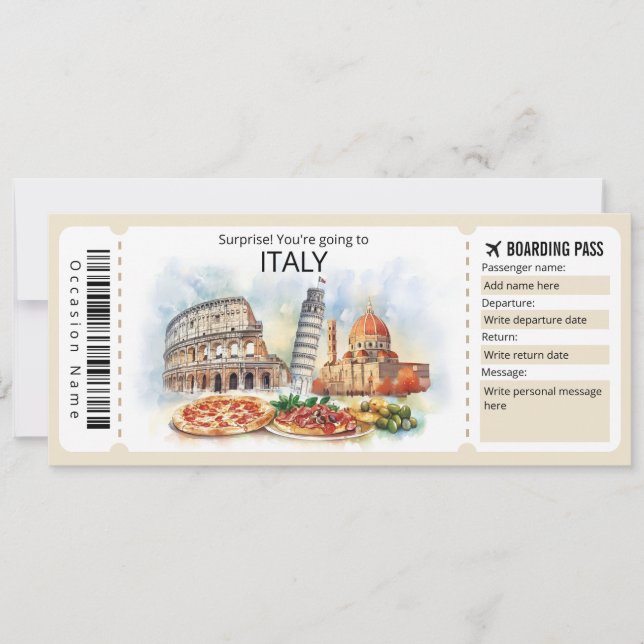 Invitation Billet Italie Avion modifiable, Italie Voyage (Devant)