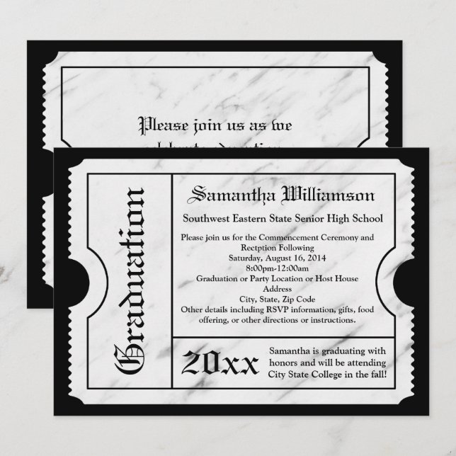 Invitation Billet Marbre blanc Moderne Graduation (Devant / Derrière)