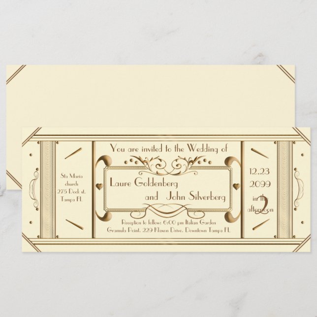 Invitation billet mariage art déco, ivoire, ivoire arrière (Devant / Derrière)