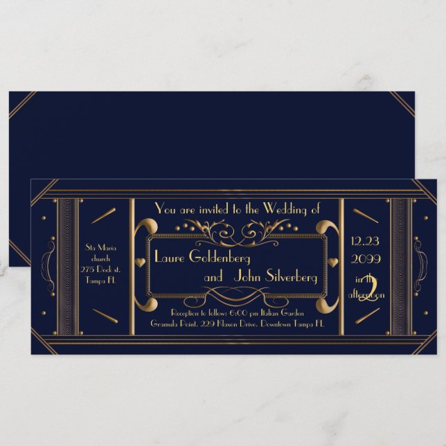 Invitation billet mariage art déco, marine, arrière marine (Devant / Derrière)