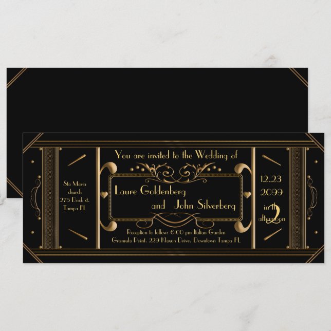 Invitation billet mariage art déco, noir, noir (Devant / Derrière)