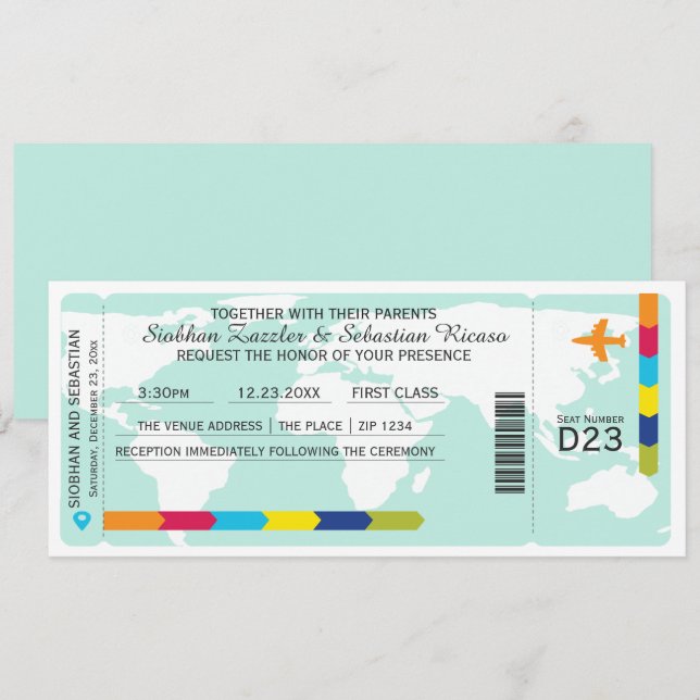 Invitation Billet Mariage World Travel Boarding Pass (Devant / Derrière)