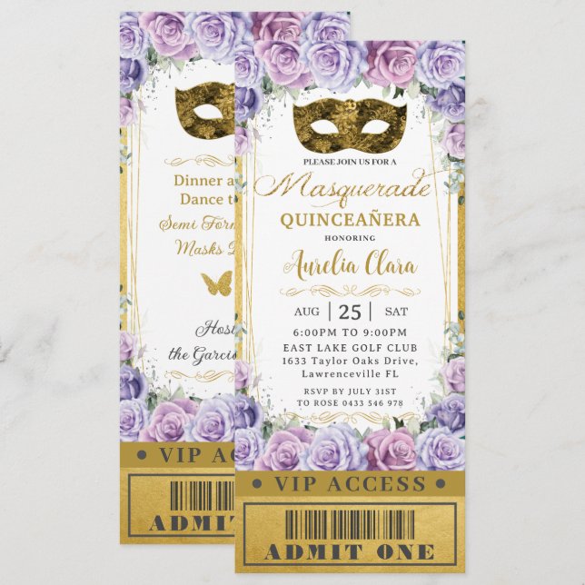 Invitation Billet Mascarade Floral Lilac Quinceañera (Devant / Derrière)