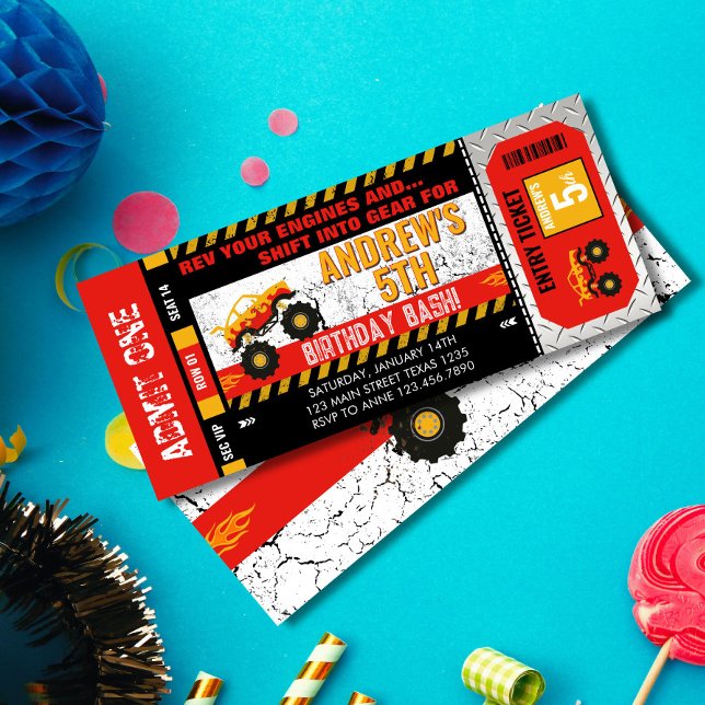 Invitation Billet Monster Truck Anniversaire (bold red and yellow colors and a grunge-style background, this editable birthday invite is perfect f)