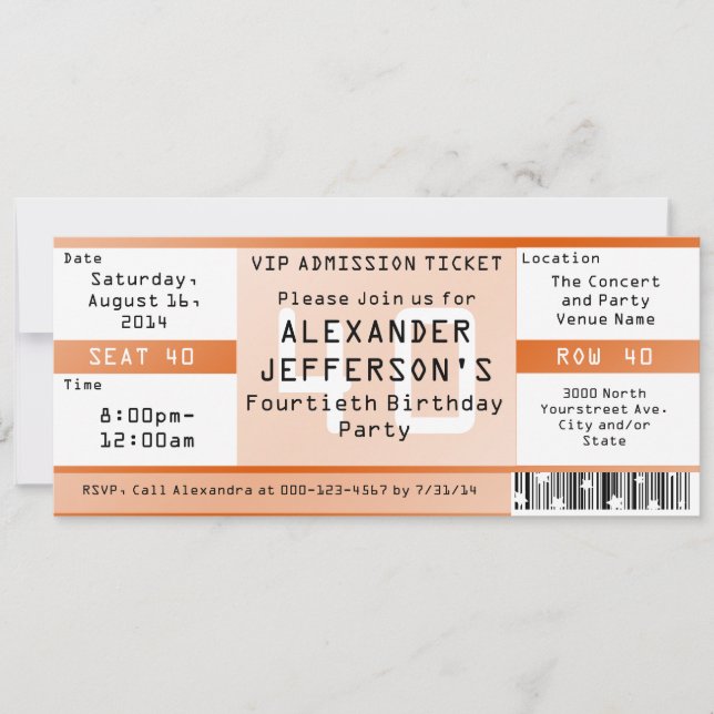 Invitation Billet Orange 40th Birthday Party (Devant)