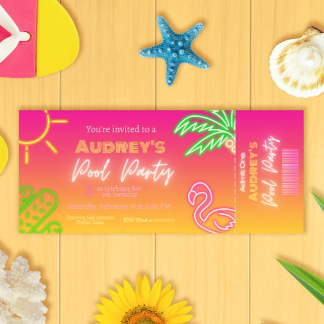 Invitation Billet Piscine Party Pink Neon (Créateur téléchargé)