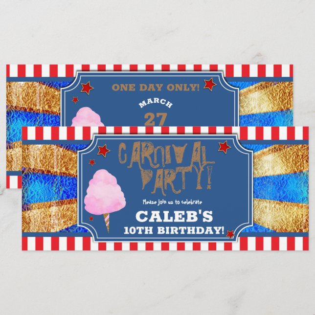 Invitation Billet pour la fête Carnaval Rouge Blanc Bleu Or (Devant / Derrière)