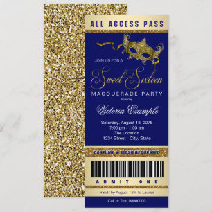 Invitation Billet pour la fête masquée Sweet 16 Blue Gold