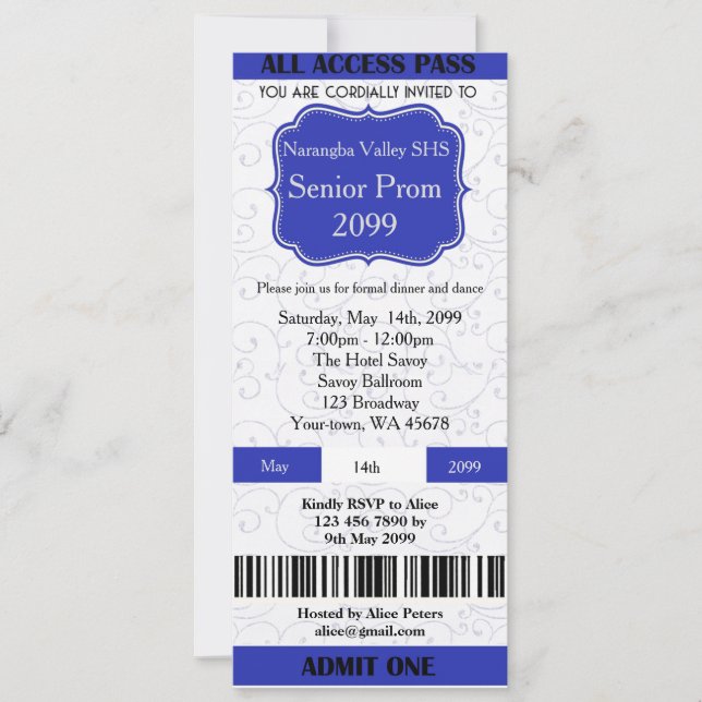 Invitation Billet Prom, n'importe quelle occasion, (Devant)