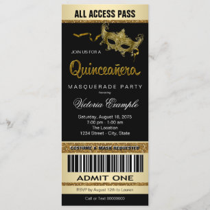 Invitation Billet Quinceanera Masquerade Fête Or Noir