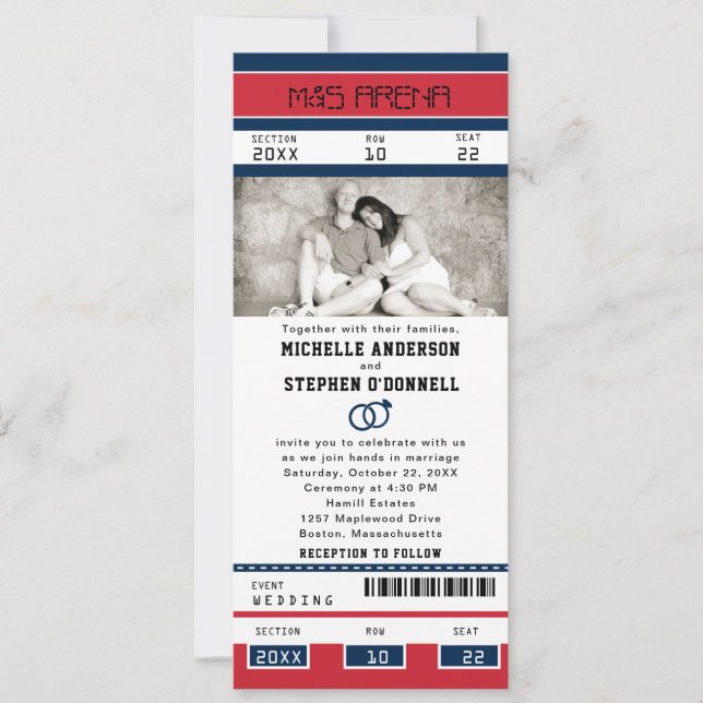 Invitation Billet Red Blue Hockey avec anneaux Mariages (Devant)