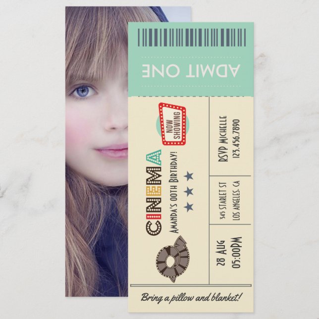 Invitation Billet Retro Movie Anniversaire Fête Photo Invitat (Devant / Derrière)