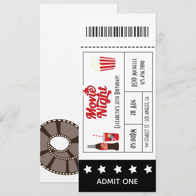 Invitation Billet Retro Movie Nuit Anniversaire (Devant / Derrière)