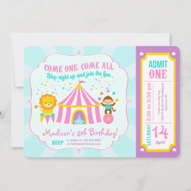 Invitation Billet rose de fête d'anniversaire de carnaval de (Devant)