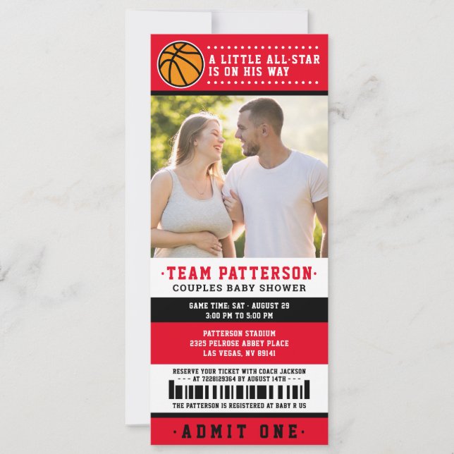 Invitation Billet rouge de basket-ball Couples Baby shower ph (Devant)