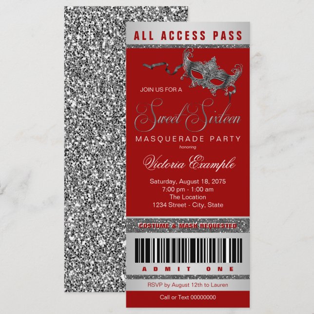 Invitation Billet Rouge Silver Sweet 16 Masquerade Party (Devant / Derrière)