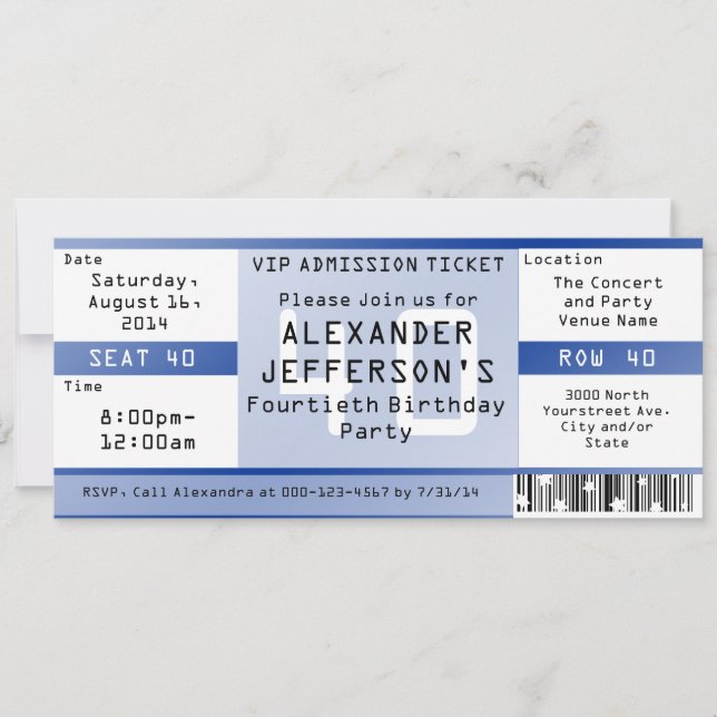 Invitation Billet Royal Blue 40th Birthday Party (Devant)