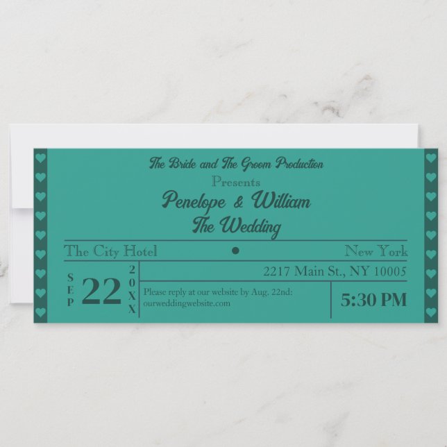 Invitation Billet Simple Retro Style Mariage vert (Devant)