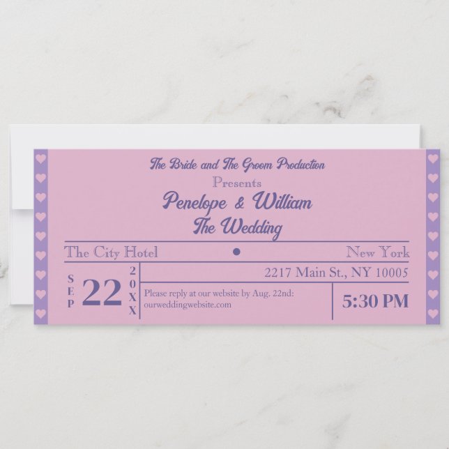 Invitation Billet Simple Retro Style Mariage violet (Devant)