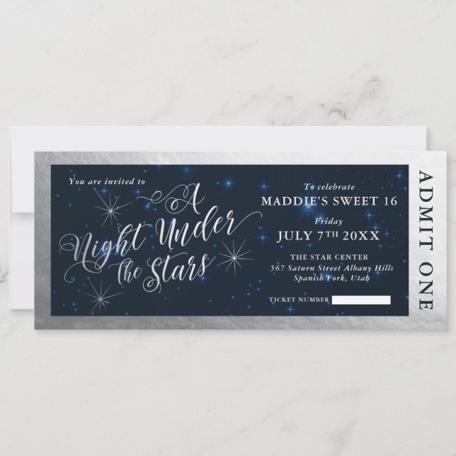 Invitation Billet Sweet sixteen Une nuit sous les étoiles (Devant)