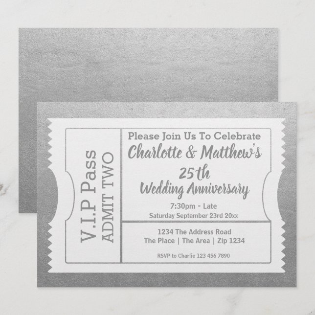 Invitation Billet VIP Faux Argent 25e Anniversaire (Devant / Derrière)