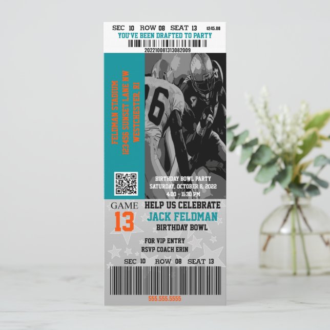 Invitation Billet VIP Football Aqua Blue & Orange Birthday  (Debout devant)