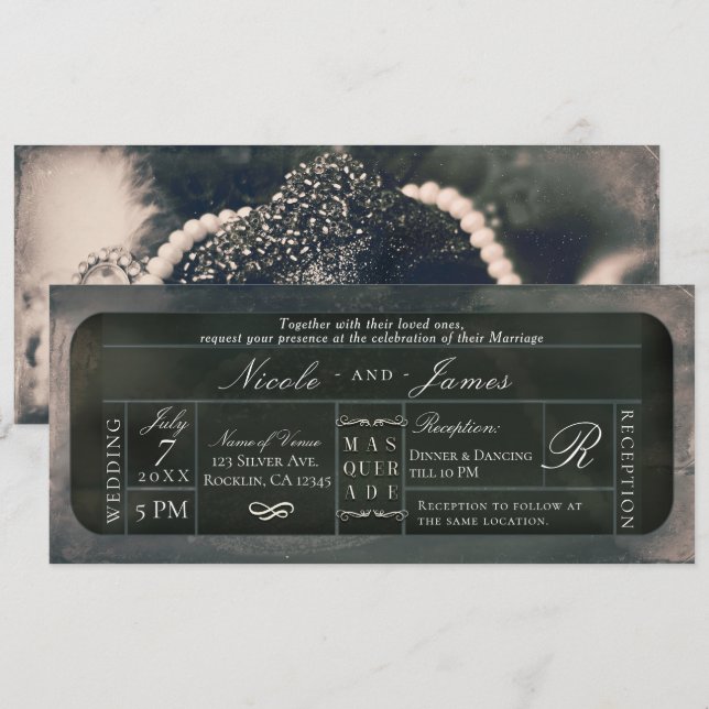 Invitation Billet VIP Mariage Pailleté Argenté Blanc (Devant / Derrière)