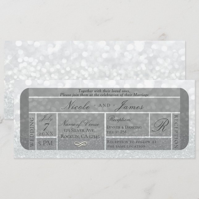 Invitation Billet VIP Mariage Paillettes Étincelles Argent Bl (Devant / Derrière)