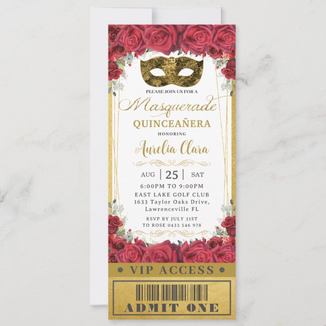 Invitation Billet VIP Masquerade Rose Quinceañera Floral Roug (Devant)