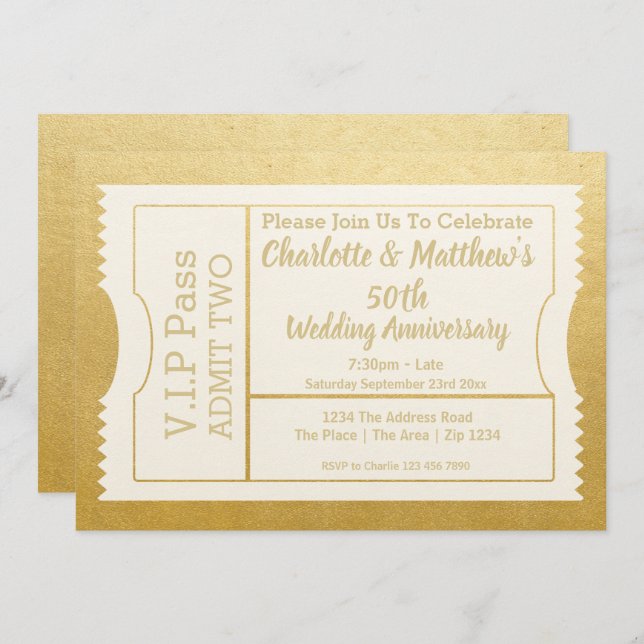 Invitation Billet VIP Pass 50e anniversaire Faux Or (Devant / Derrière)